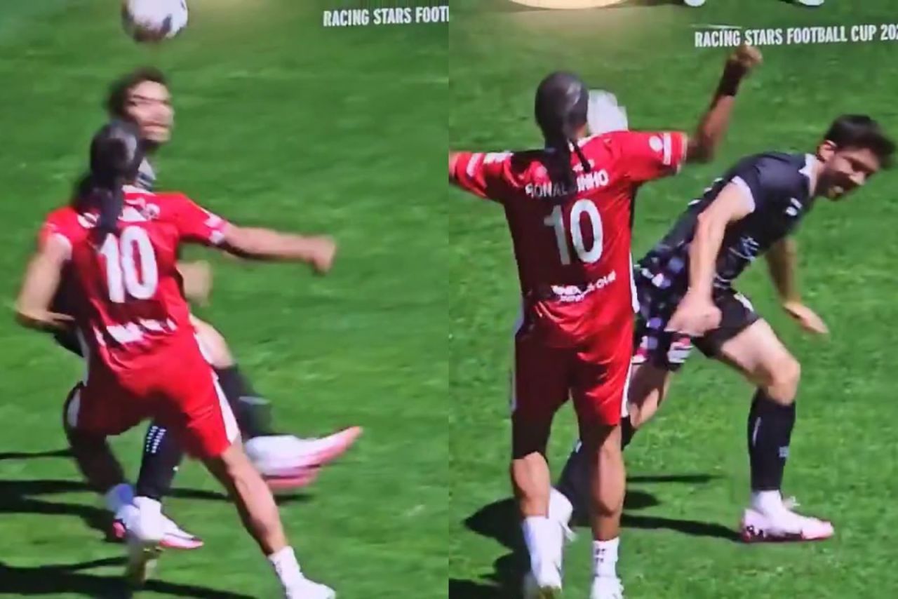 Ronaldinho driblando Pierre Gasly em partida beneficente