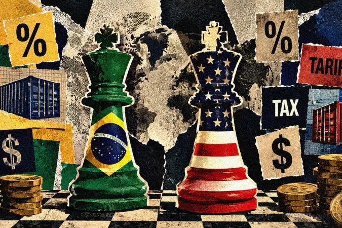 Bandeiras dos Estados Unidos e do Brasil sobrepostas com símbolo de tarifas