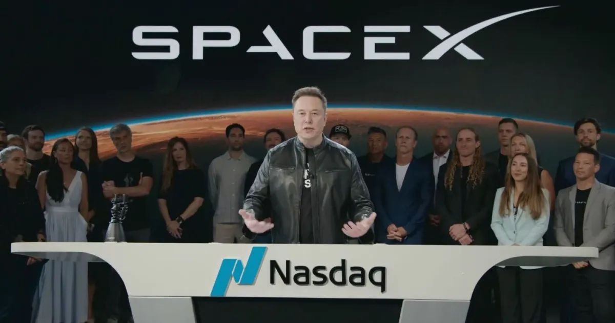 Sede da SpaceX com foguete ao fundo