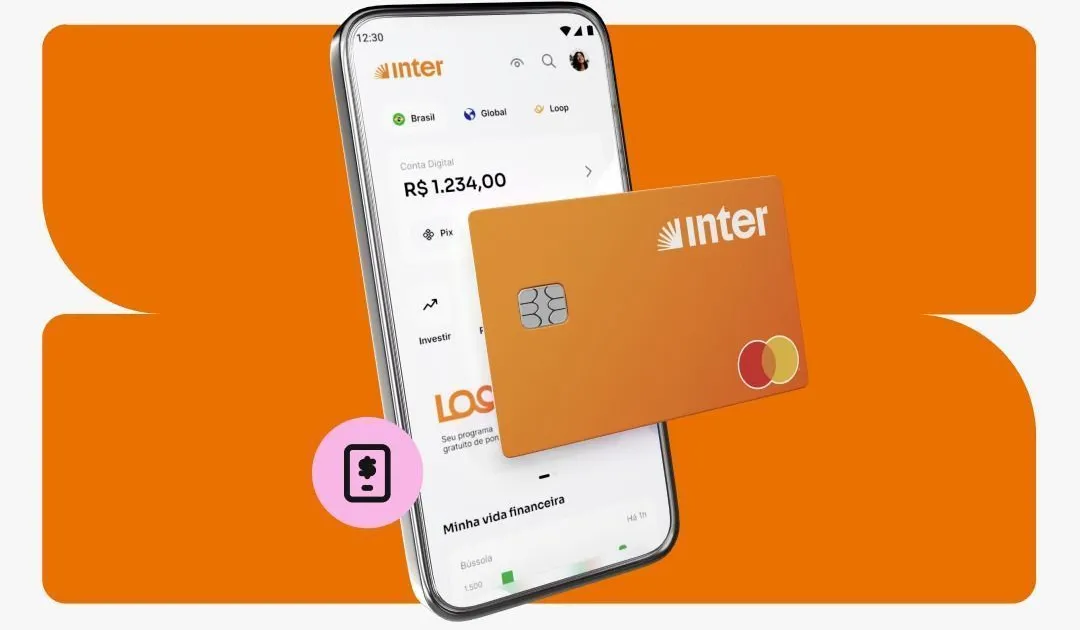 Tela de app bancário exibindo marketplace e opções de pagamento