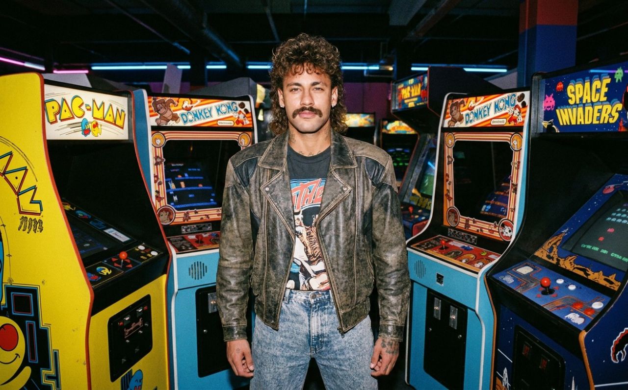 Montagem estilo anos 80 de jogadores e técnicos gerada por inteligência artificial