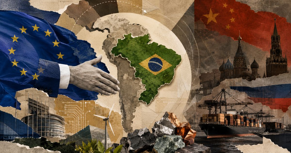Bandeiras da União Europeia e do Brasil em frente a edifício institucional